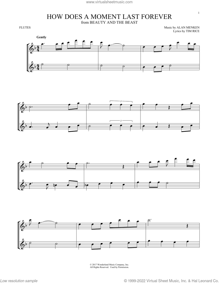 How Does A Moment Last Forever (from Beauty And The Beast) sheet music for two flutes (duets) by Celine Dion, Alan Menken and Tim Rice, intermediate skill level