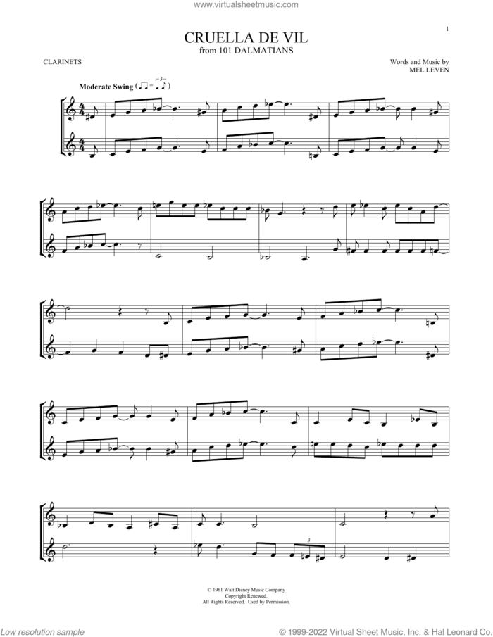 Cruella De Vil (from 101 Dalmatians) sheet music for two clarinets (duets) by Mel Leven, intermediate skill level