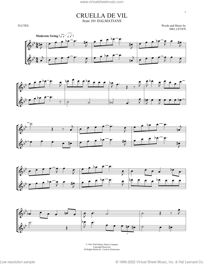 Cruella De Vil (from 101 Dalmatians) sheet music for two flutes (duets) by Mel Leven, intermediate skill level