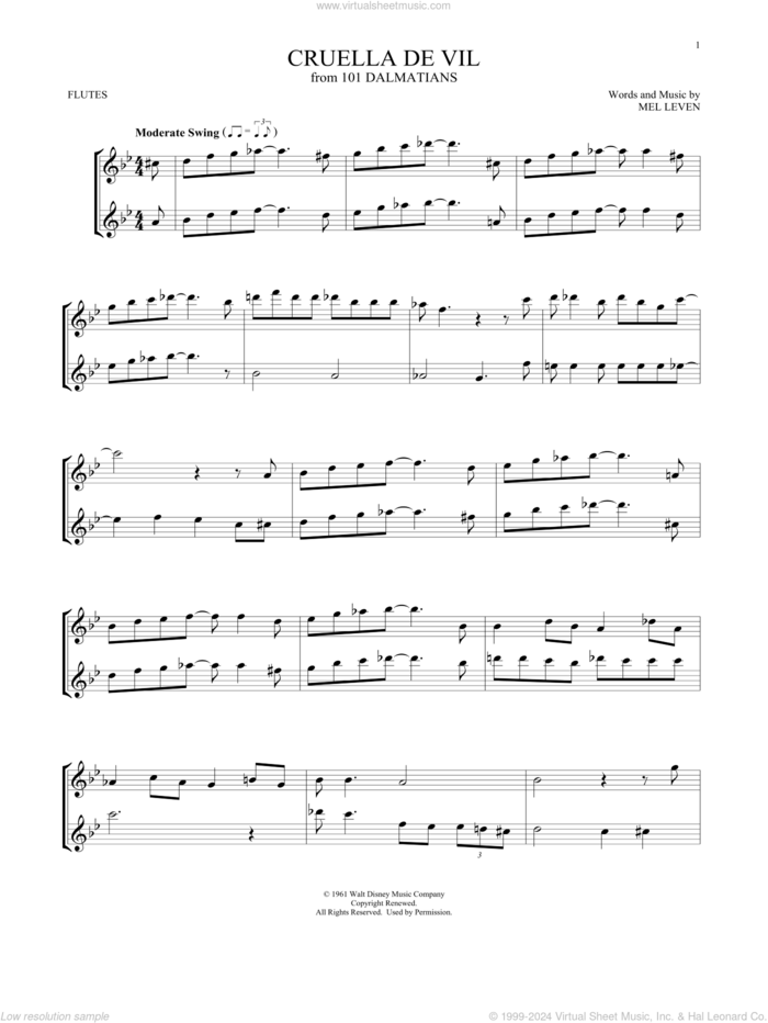 Cruella De Vil (from 101 Dalmatians) sheet music for two flutes (duets) by Mel Leven, intermediate skill level