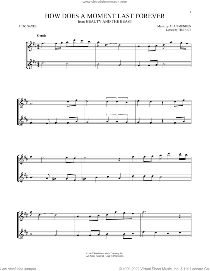 How Does A Moment Last Forever (from Beauty And The Beast) sheet music for two alto saxophones (duets) by Celine Dion, Alan Menken and Tim Rice, intermediate skill level