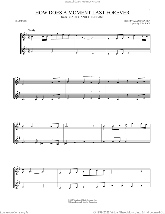 How Does A Moment Last Forever (from Beauty And The Beast) sheet music for two trumpets (duet, duets) by Celine Dion, Alan Menken and Tim Rice, intermediate skill level