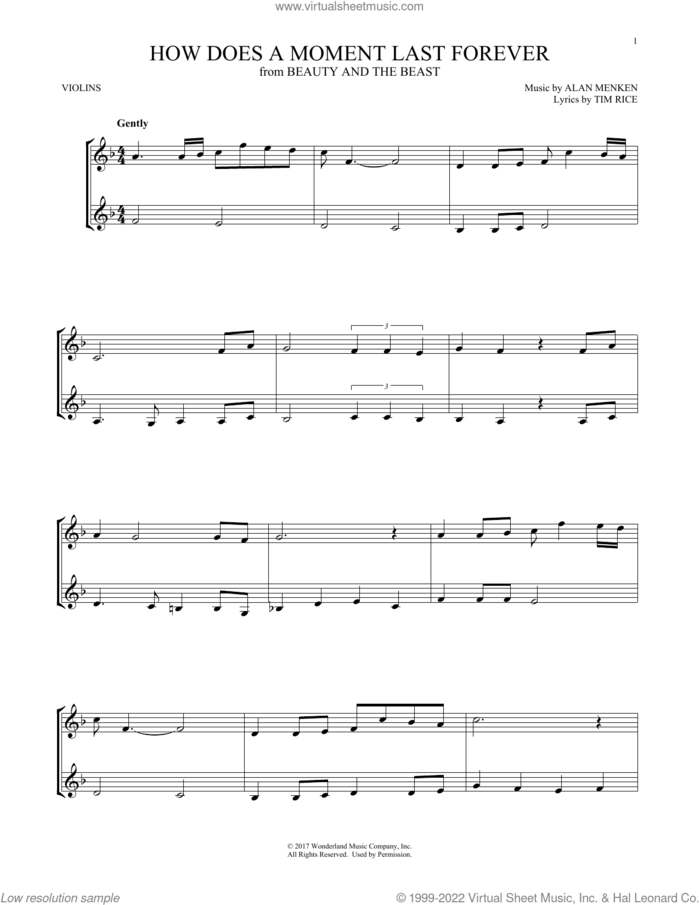 How Does A Moment Last Forever (from Beauty And The Beast) sheet music for two violins (duets, violin duets) by Celine Dion, Alan Menken and Tim Rice, intermediate skill level
