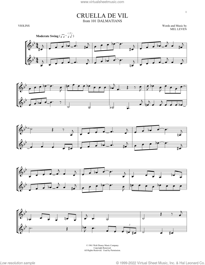 Cruella De Vil (from 101 Dalmatians) sheet music for two violins (duets, violin duets) by Mel Leven, intermediate skill level