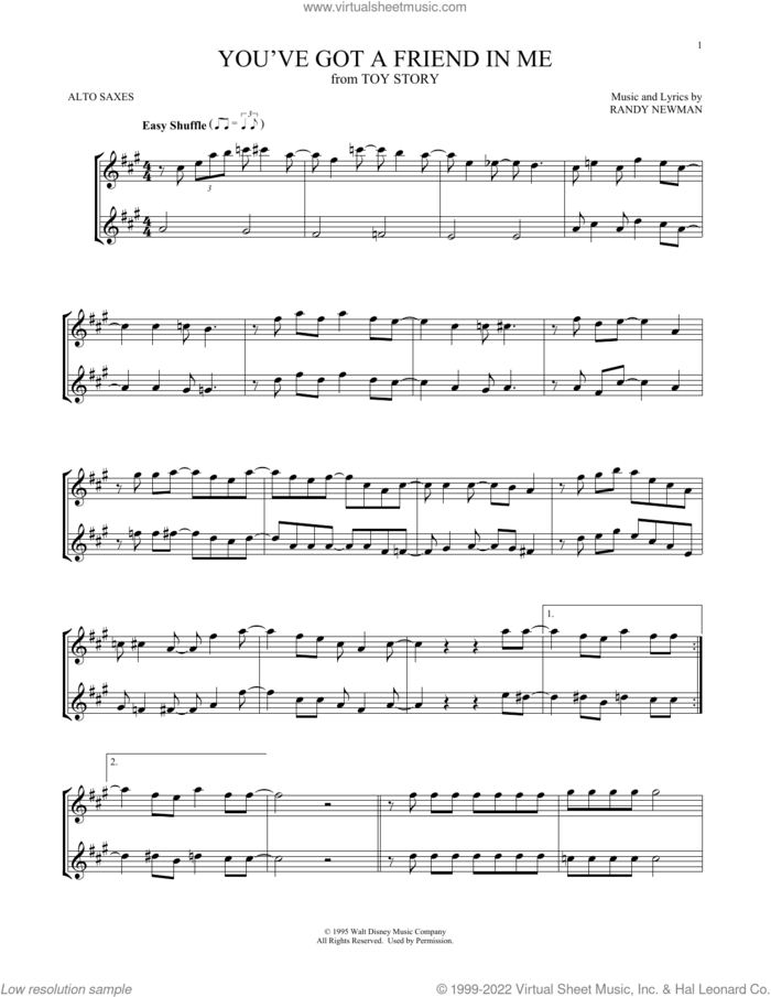 You've Got A Friend In Me (from Toy Story) sheet music for two alto saxophones (duets) by Randy Newman, intermediate skill level