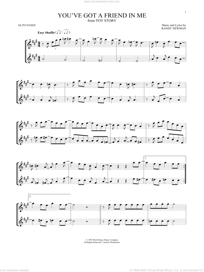 You've Got A Friend In Me (from Toy Story) sheet music for two alto saxophones (duets) by Randy Newman, intermediate skill level