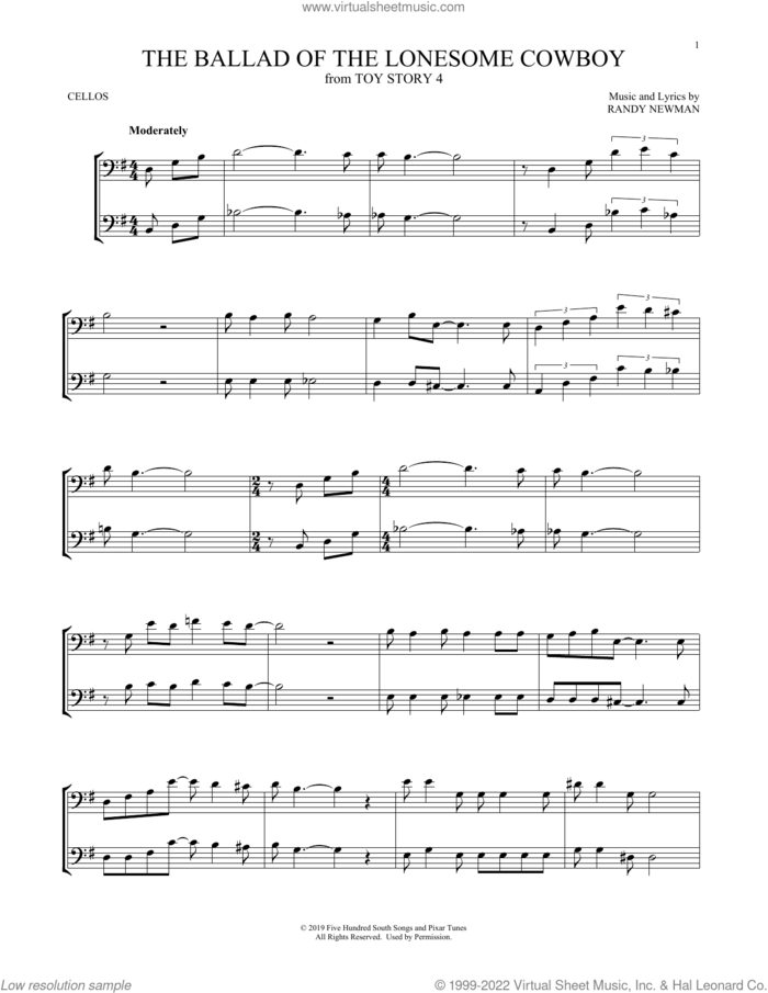 The Ballad Of The Lonesome Cowboy (from Toy Story 4) sheet music for two cellos (duet, duets) by Chris Stapleton and Randy Newman, intermediate skill level