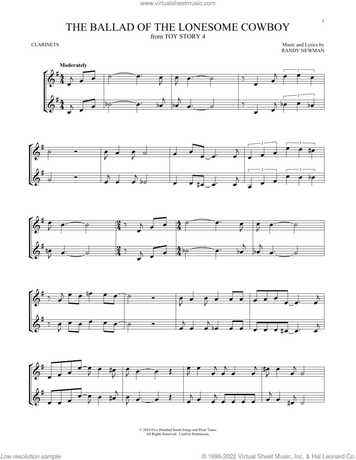 The Ballad Of The Lonesome Cowboy (from Toy Story 4) sheet music for two clarinets (duets) by Chris Stapleton and Randy Newman, intermediate skill level