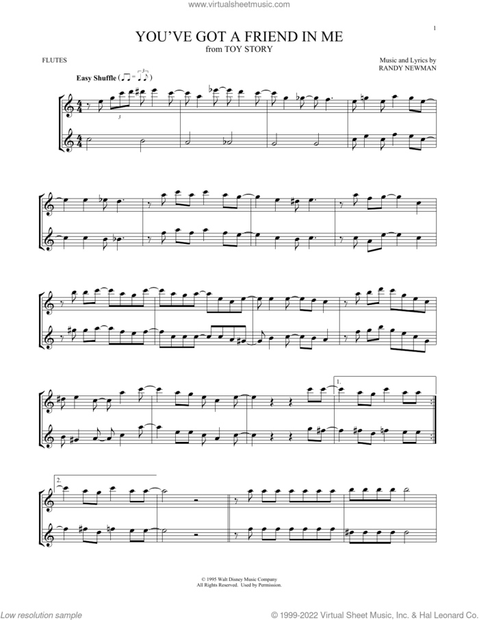 You've Got A Friend In Me (from Toy Story) sheet music for two flutes (duets) by Randy Newman, intermediate skill level