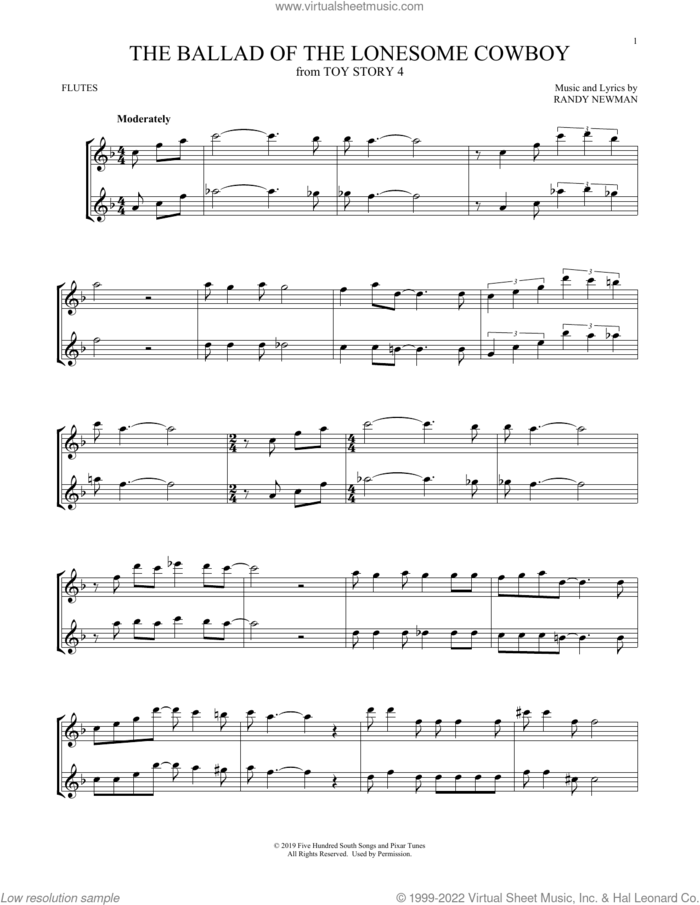 The Ballad Of The Lonesome Cowboy (from Toy Story 4) sheet music for two flutes (duets) by Chris Stapleton and Randy Newman, intermediate skill level