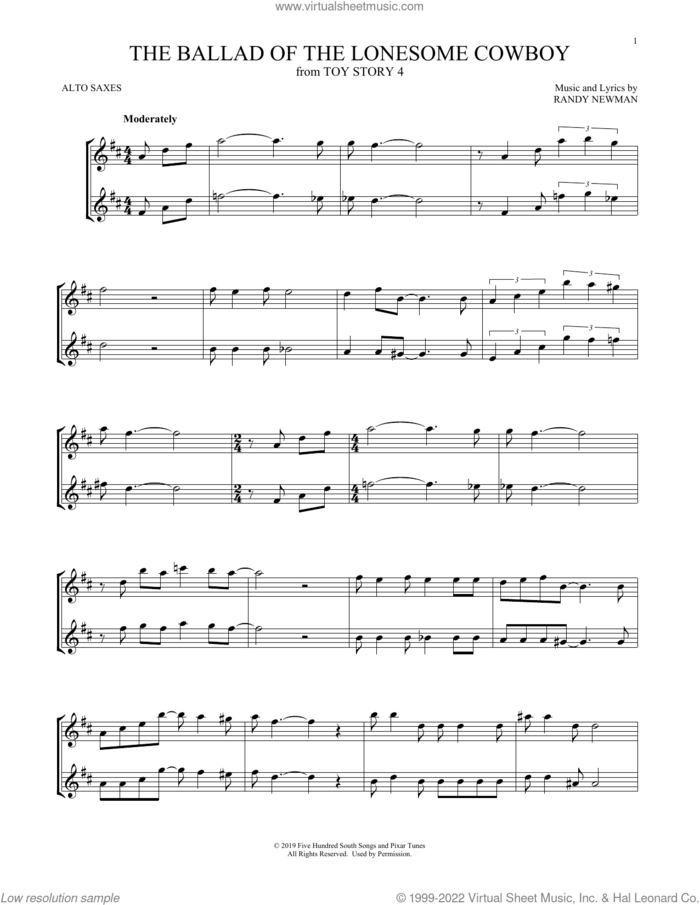 The Ballad Of The Lonesome Cowboy (from Toy Story 4) sheet music for two alto saxophones (duets) by Chris Stapleton and Randy Newman, intermediate skill level