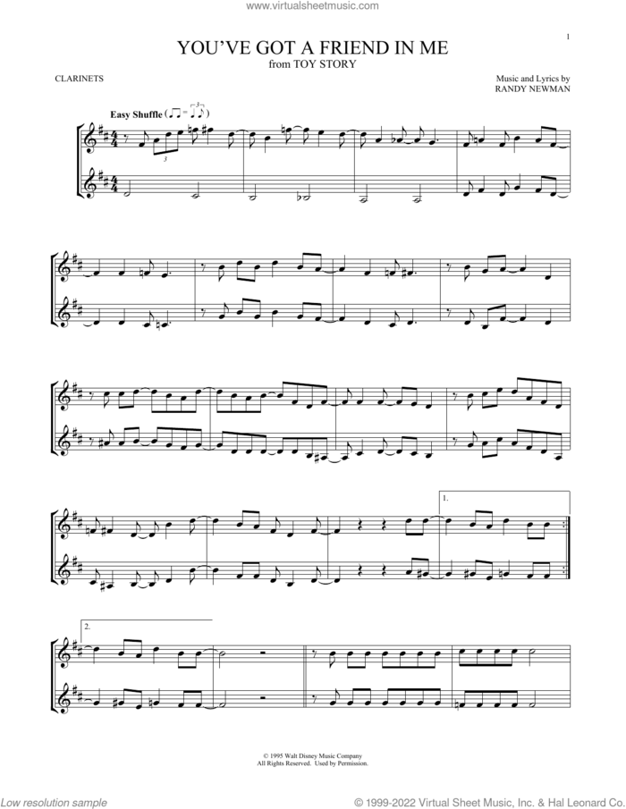 You've Got A Friend In Me (from Toy Story) sheet music for two clarinets (duets) by Randy Newman, intermediate skill level