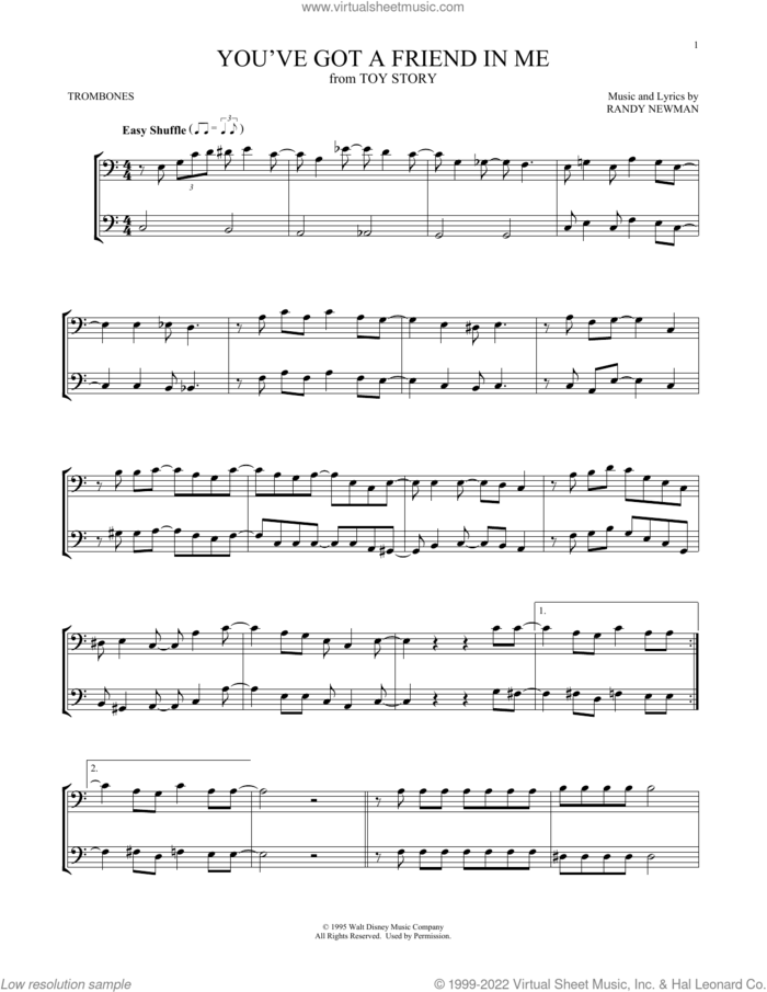 You've Got A Friend In Me (from Toy Story) sheet music for two trombones (duet, duets) by Randy Newman, intermediate skill level