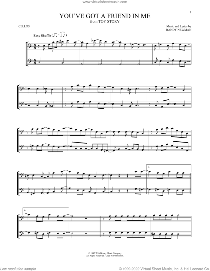 You've Got A Friend In Me (from Toy Story) sheet music for two cellos (duet, duets) by Randy Newman, intermediate skill level