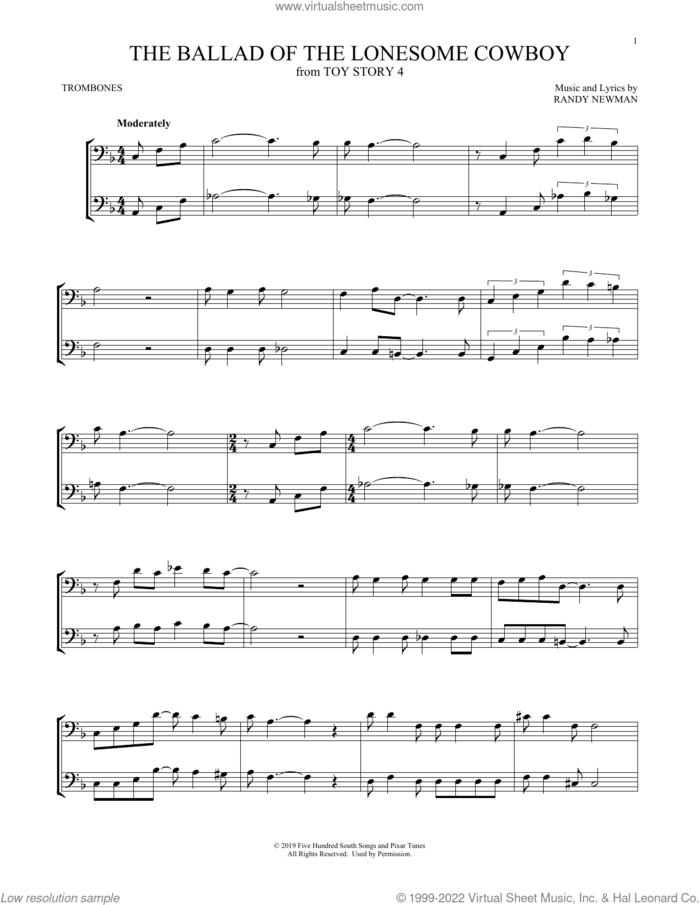 The Ballad Of The Lonesome Cowboy (from Toy Story 4) sheet music for two trombones (duet, duets) by Chris Stapleton and Randy Newman, intermediate skill level