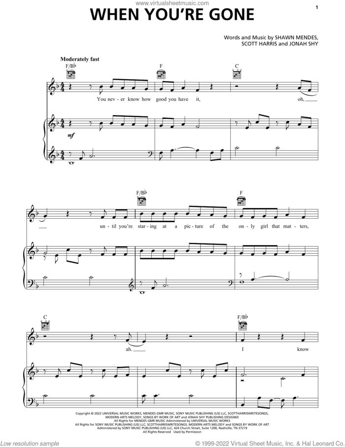 When You're Gone sheet music for voice, piano or guitar by Shawn Mendes, Jonah Shy and Scott Harris, intermediate skill level