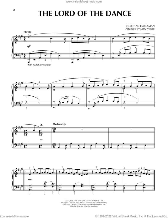 The Lord Of The Dance sheet music for piano solo by Ronan Hardiman and Larry Moore, intermediate skill level