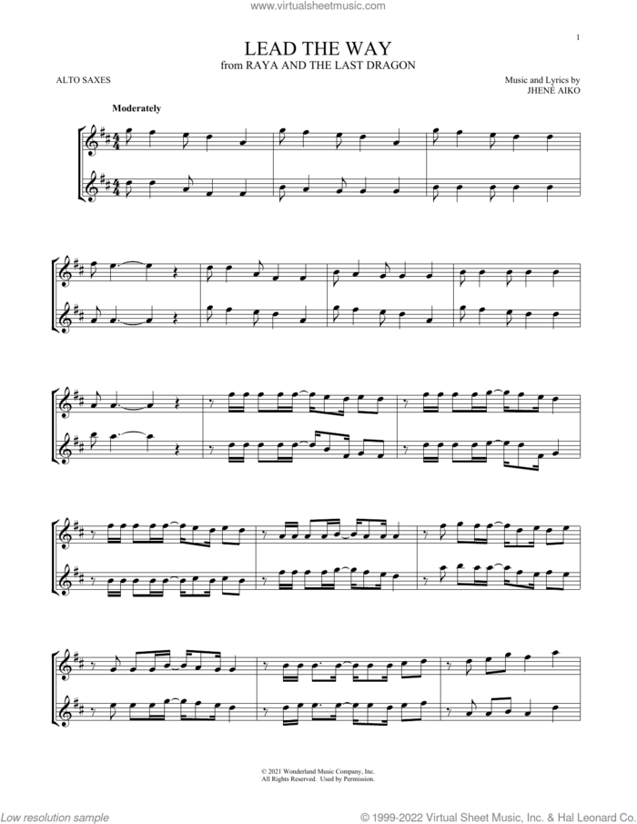 Lead The Way (from Disney's Raya And The Last Dragon) sheet music for two alto saxophones (duets) by Jhené Aiko, intermediate skill level