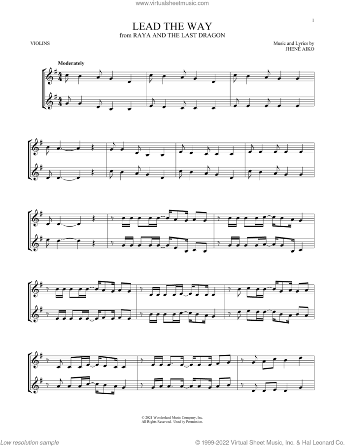 Lead The Way (from Disney's Raya And The Last Dragon) sheet music for two violins (duets, violin duets) by Jhené Aiko, intermediate skill level