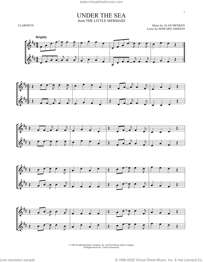 Under The Sea (from The Little Mermaid) sheet music for two clarinets (duets) by Alan Menken & Howard Ashman, Alan Menken and Howard Ashman, intermediate skill level