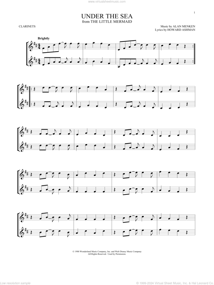 Under The Sea (from The Little Mermaid) sheet music for two clarinets (duets) by Alan Menken & Howard Ashman, Alan Menken and Howard Ashman, intermediate skill level