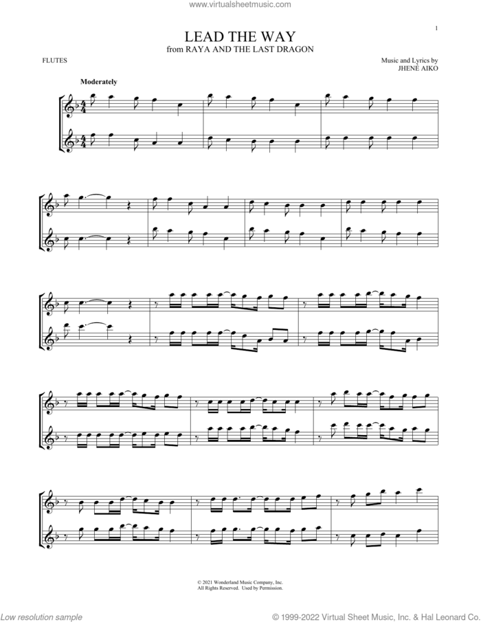 Lead The Way (from Disney's Raya And The Last Dragon) sheet music for two flutes (duets) by Jhené Aiko, intermediate skill level
