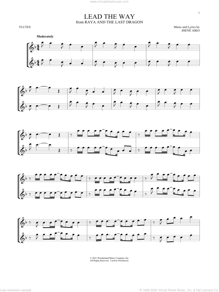 Lead The Way (from Disney's Raya And The Last Dragon) sheet music for two flutes (duets) by Jhené Aiko, intermediate skill level