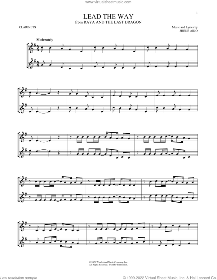 Lead The Way (from Disney's Raya And The Last Dragon) sheet music for two clarinets (duets) by Jhené Aiko, intermediate skill level