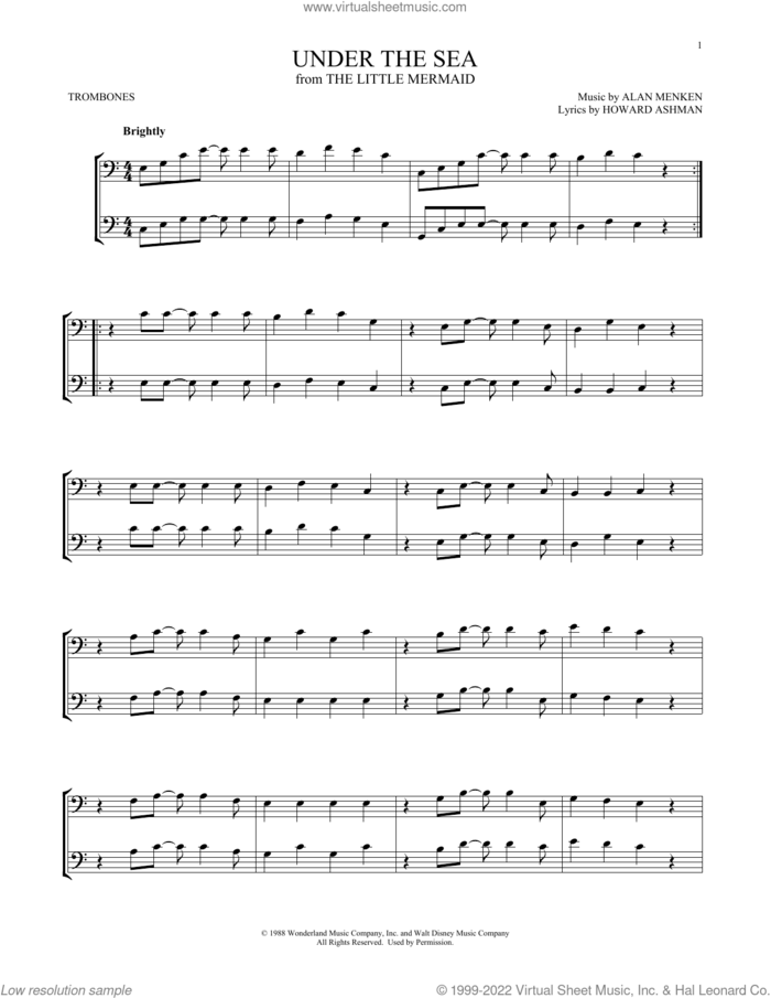 Under The Sea (from The Little Mermaid) sheet music for two trombones (duet, duets) by Alan Menken & Howard Ashman, Alan Menken and Howard Ashman, intermediate skill level