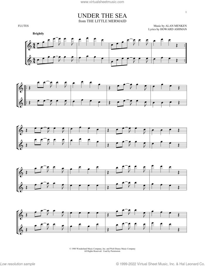 Under The Sea (from The Little Mermaid) sheet music for two flutes (duets) by Alan Menken & Howard Ashman, Alan Menken and Howard Ashman, intermediate skill level