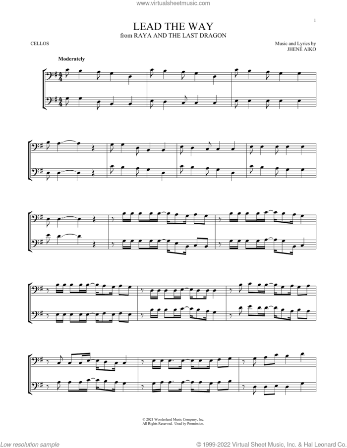 Lead The Way (from Disney's Raya And The Last Dragon) sheet music for two cellos (duet, duets) by Jhené Aiko, intermediate skill level