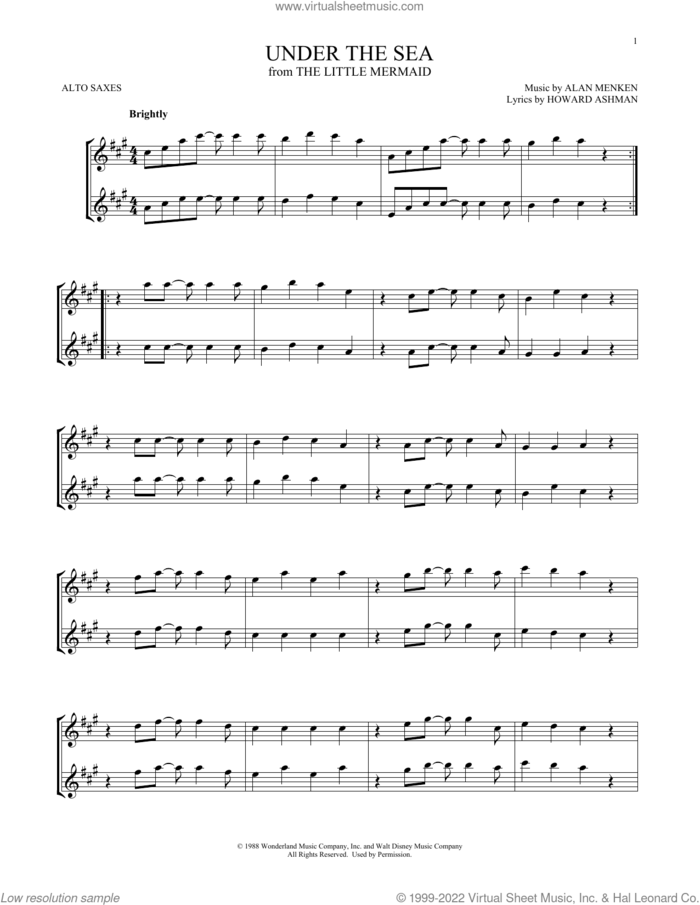 Under The Sea (from The Little Mermaid) sheet music for two alto saxophones (duets) by Alan Menken & Howard Ashman, Alan Menken and Howard Ashman, intermediate skill level