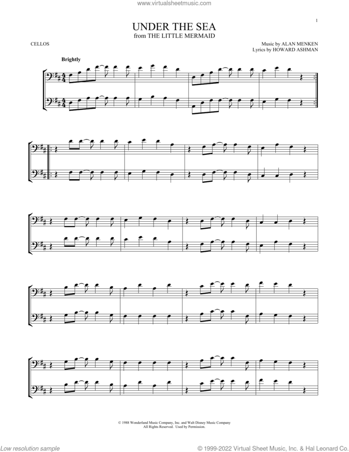 Under The Sea (from The Little Mermaid) sheet music for two cellos (duet, duets) by Alan Menken & Howard Ashman, Alan Menken and Howard Ashman, intermediate skill level