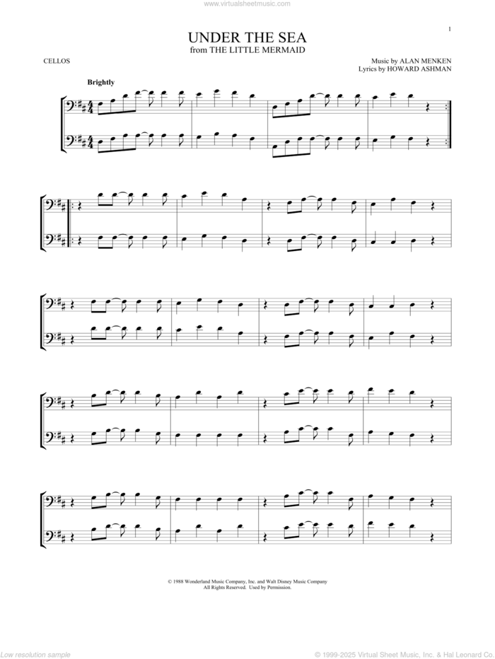 Under The Sea (from The Little Mermaid) sheet music for two cellos (duet, duets) by Alan Menken & Howard Ashman, Alan Menken and Howard Ashman, intermediate skill level