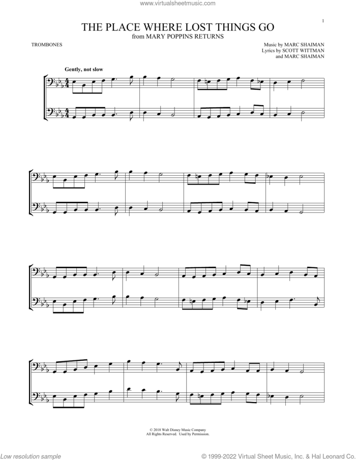 The Place Where Lost Things Go (from Mary Poppins Returns) sheet music for two trombones (duet, duets) by Emily Blunt, Marc Shaiman and Scott Wittman, intermediate skill level