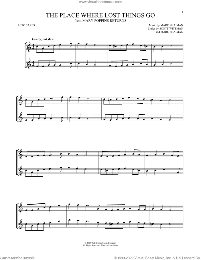 The Place Where Lost Things Go (from Mary Poppins Returns) sheet music for two alto saxophones (duets) by Emily Blunt, Marc Shaiman and Scott Wittman, intermediate skill level