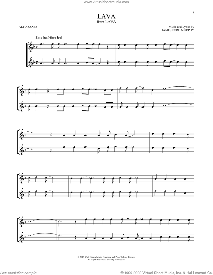 Lava (from Lava) sheet music for two alto saxophones (duets) by James Ford Murphy, intermediate skill level