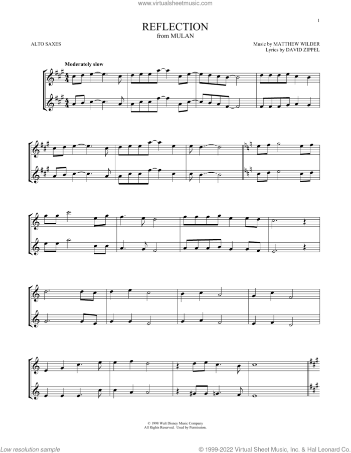 Reflection (from Mulan) sheet music for two alto saxophones (duets) by Matthew Wilder & David Zippel, David Zippel and Matthew Wilder, intermediate skill level