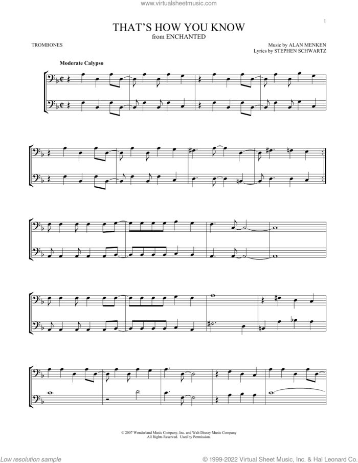 That's How You Know (from Enchanted) sheet music for two trombones (duet, duets) by Alan Menken, Amy Adams and Stephen Schwartz, intermediate skill level