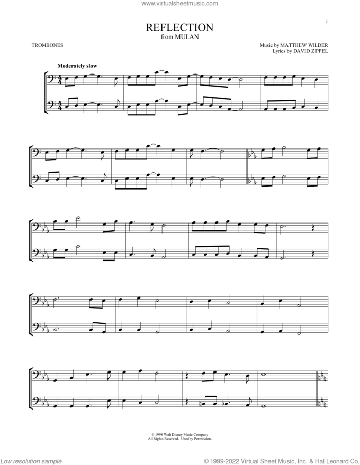 Reflection (from Mulan) sheet music for two trombones (duet, duets) by Matthew Wilder & David Zippel, David Zippel and Matthew Wilder, intermediate skill level