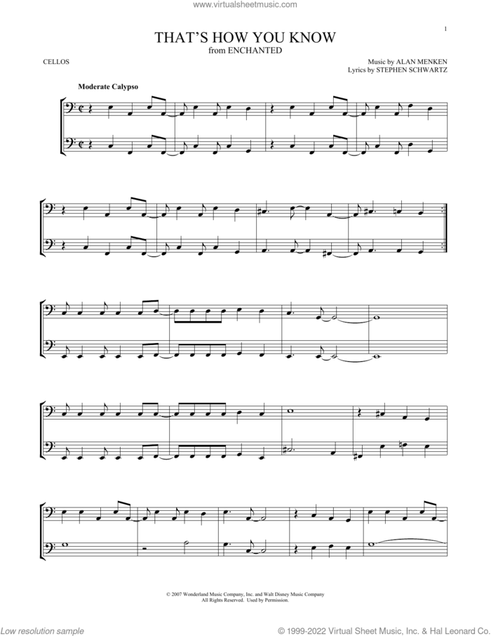 That's How You Know (from Enchanted) sheet music for two cellos (duet, duets) by Alan Menken, Amy Adams and Stephen Schwartz, intermediate skill level
