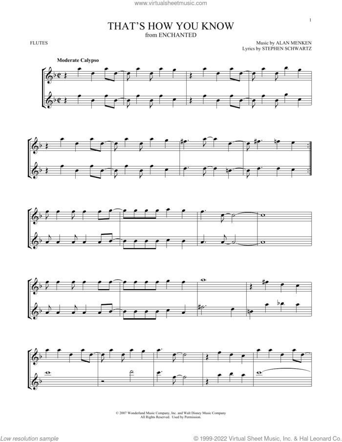 That's How You Know (from Enchanted) sheet music for two flutes (duets) by Alan Menken, Amy Adams and Stephen Schwartz, intermediate skill level