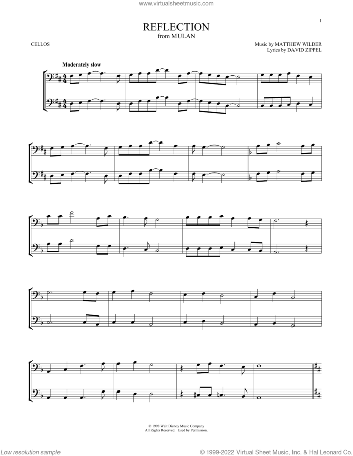 Reflection (from Mulan) sheet music for two cellos (duet, duets) by Matthew Wilder & David Zippel, David Zippel and Matthew Wilder, intermediate skill level