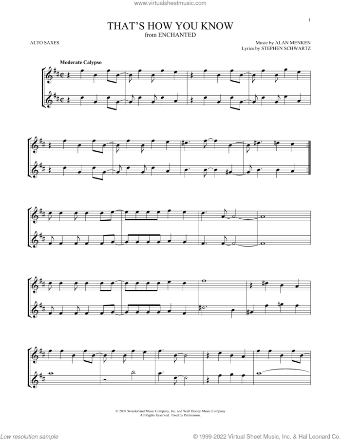 That's How You Know (from Enchanted) sheet music for two alto saxophones (duets) by Alan Menken, Amy Adams and Stephen Schwartz, intermediate skill level