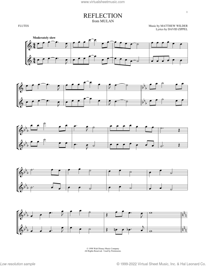 Reflection (from Mulan) sheet music for two flutes (duets) by Matthew Wilder & David Zippel, David Zippel and Matthew Wilder, intermediate skill level