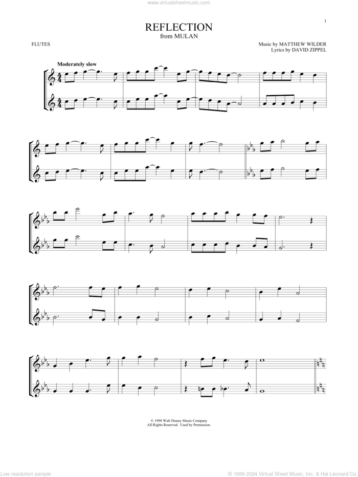 Reflection (from Mulan) sheet music for two flutes (duets) by Matthew Wilder & David Zippel, David Zippel and Matthew Wilder, intermediate skill level