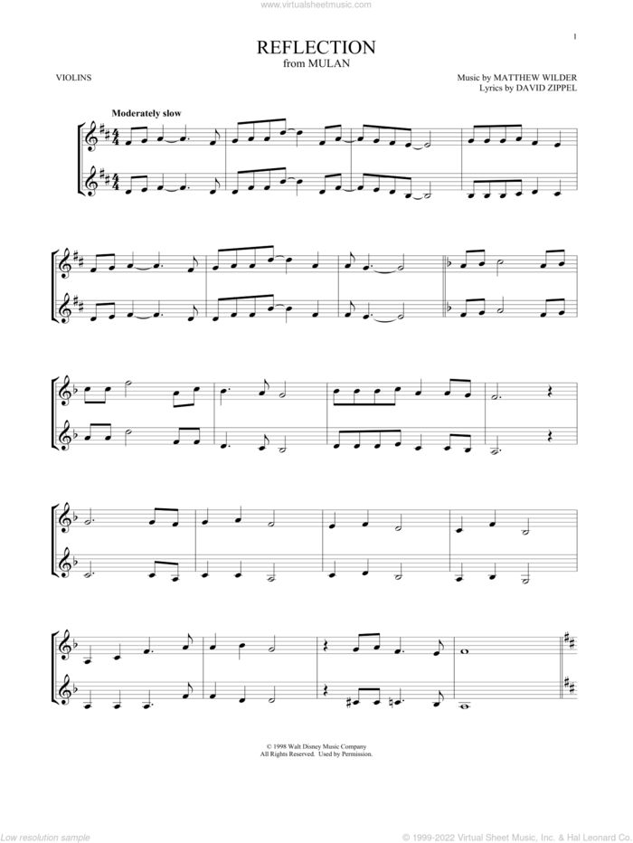 Reflection (from Mulan) sheet music for two violins (duets, violin duets) by Matthew Wilder & David Zippel, David Zippel and Matthew Wilder, intermediate skill level