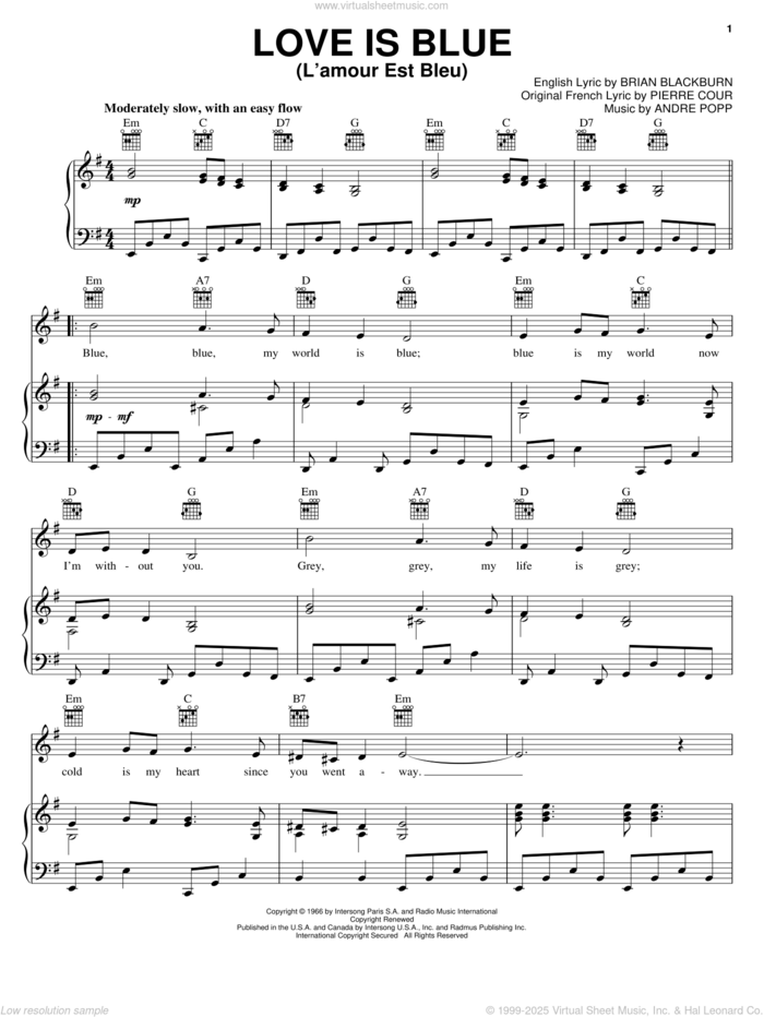 Love Is Blue (L'amour Est Bleu) sheet music for voice, piano or guitar by Robert Goulet, Andre Popp, Brian Blackburn and Pierre Cour, intermediate skill level