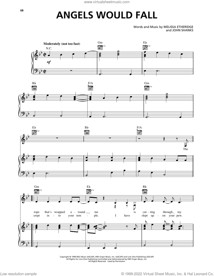 Angels Would Fall sheet music for voice, piano or guitar by Melissa Etheridge and John Shanks, intermediate skill level
