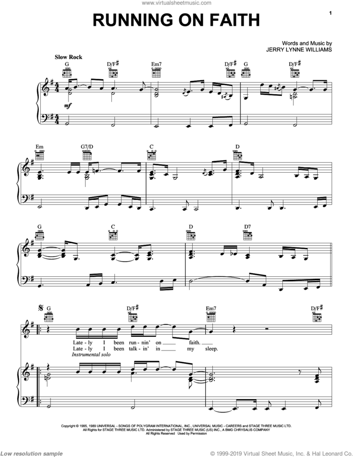 Running On Faith sheet music for voice, piano or guitar by Eric Clapton, Bernadette Peters and Jerry Lynn Williams, intermediate skill level